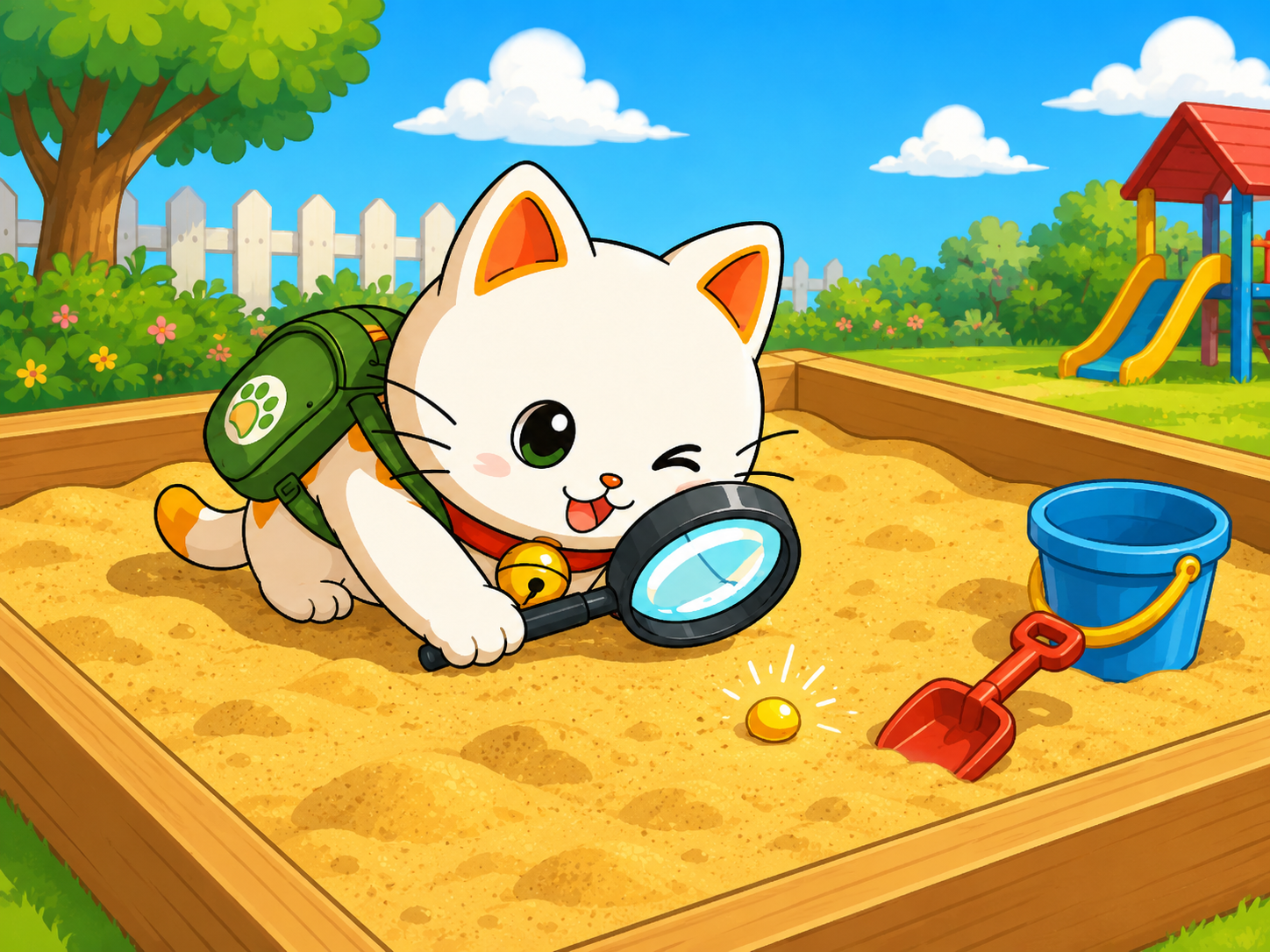 El Gato de la Suerte buscando un grano de oro en un arenero