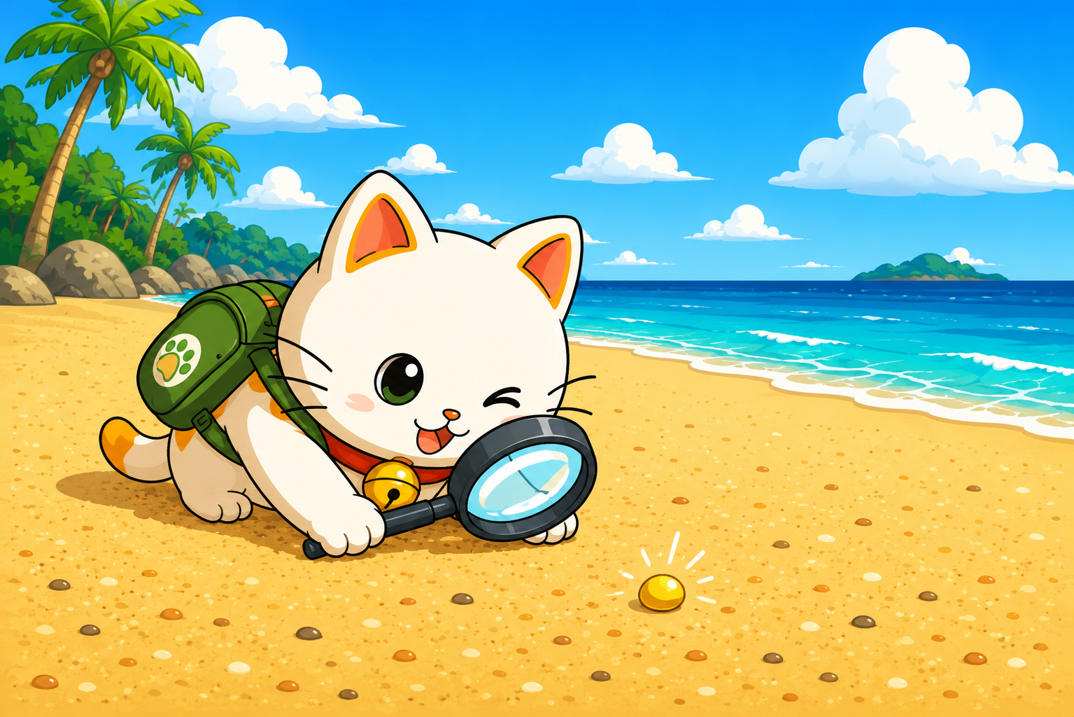 El Gato de la Suerte buscando un grano de oro en una playa